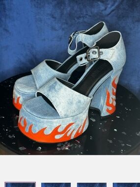 Current Mood Denim Platform Heels with Orange Flame Detail
